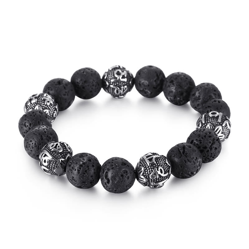 Fortune Jewel Natural Lava Rock Tiger Eye Titanium Steel Six-True-Words Om Mani Padme Hum Healing Bracelet