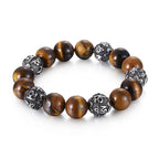Fortune Jewel Natural Lava Rock Tiger Eye Titanium Steel Six-True-Words Om Mani Padme Hum Healing Bracelet