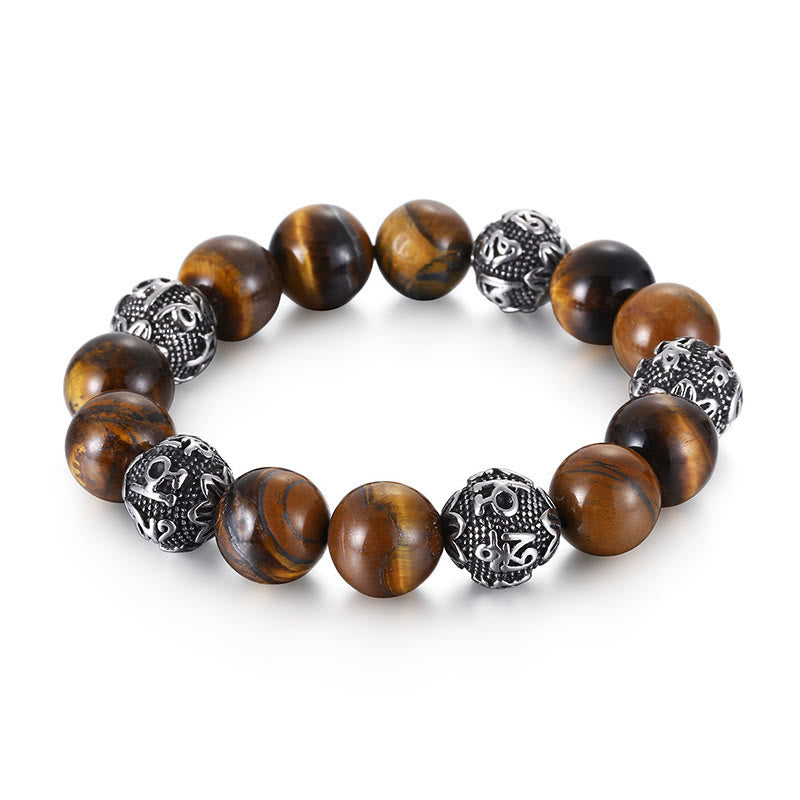 Fortune Jewel Natural Lava Rock Tiger Eye Titanium Steel Six-True-Words Om Mani Padme Hum Healing Bracelet