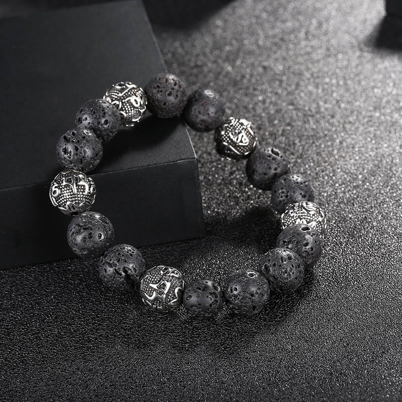 Fortune Jewel Natural Lava Rock Tiger Eye Titanium Steel Six-True-Words Om Mani Padme Hum Healing Bracelet