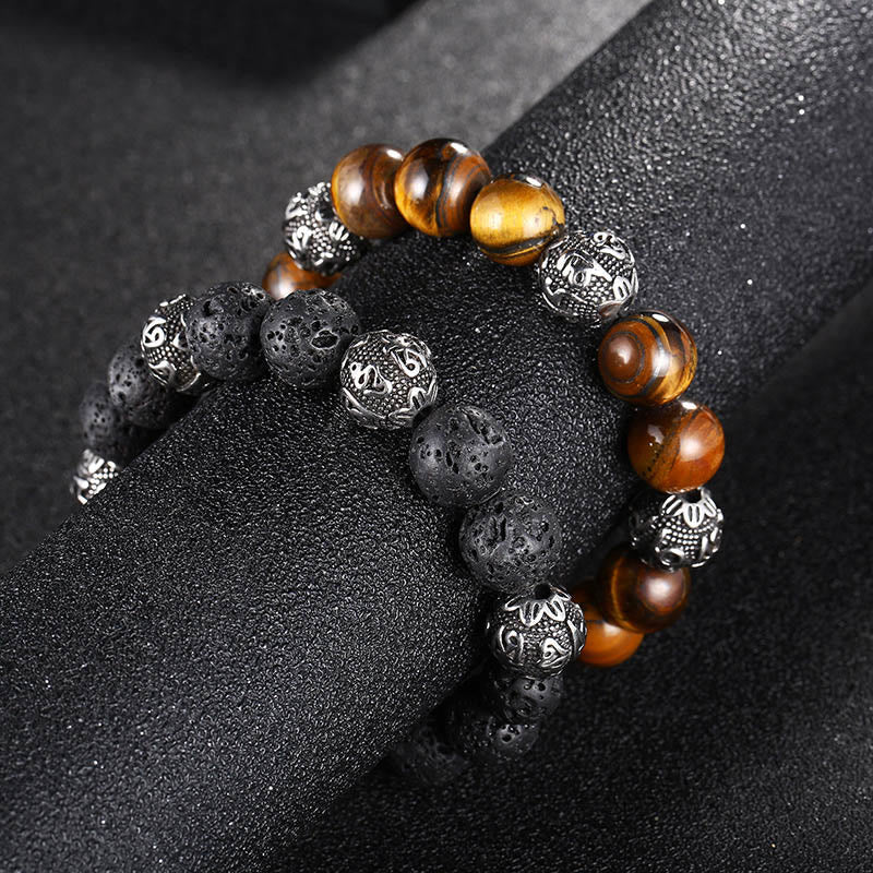 Fortune Jewel Natural Lava Rock Tiger Eye Titanium Steel Six-True-Words Om Mani Padme Hum Healing Bracelet