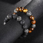 Fortune Jewel Natural Lava Rock Tiger Eye Titanium Steel Six-True-Words Om Mani Padme Hum Healing Bracelet