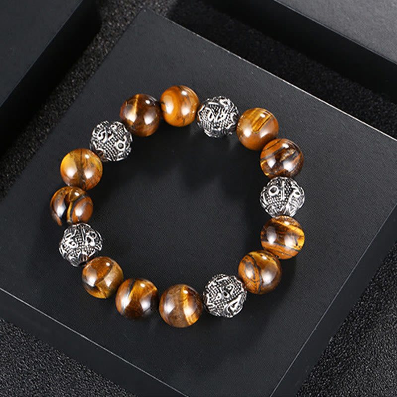 Fortune Jewel Natural Lava Rock Tiger Eye Titanium Steel Six-True-Words Om Mani Padme Hum Healing Bracelet
