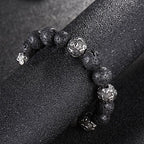 Fortune Jewel Natural Lava Rock Tiger Eye Titanium Steel Six-True-Words Om Mani Padme Hum Healing Bracelet