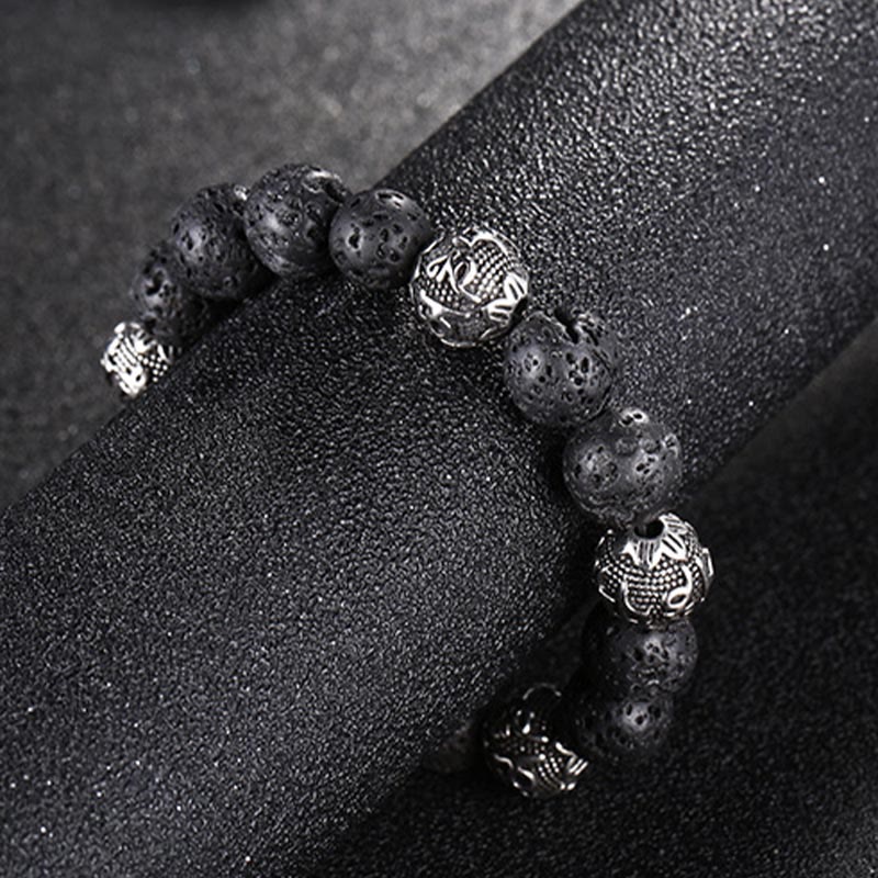Fortune Jewel Natural Lava Rock Tiger Eye Titanium Steel Six-True-Words Om Mani Padme Hum Healing Bracelet