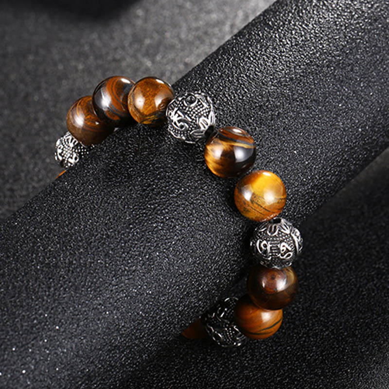 Fortune Jewel Natural Lava Rock Tiger Eye Titanium Steel Six-True-Words Om Mani Padme Hum Healing Bracelet