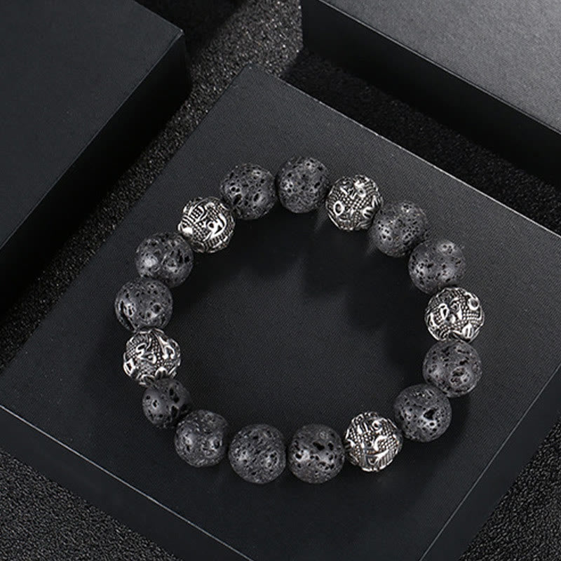 Fortune Jewel Natural Lava Rock Tiger Eye Titanium Steel Six-True-Words Om Mani Padme Hum Healing Bracelet