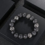 Fortune Jewel Natural Lava Rock Tiger Eye Titanium Steel Six-True-Words Om Mani Padme Hum Healing Bracelet