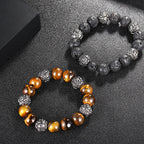 Fortune Jewel Natural Lava Rock Tiger Eye Titanium Steel Six-True-Words Om Mani Padme Hum Healing Bracelet