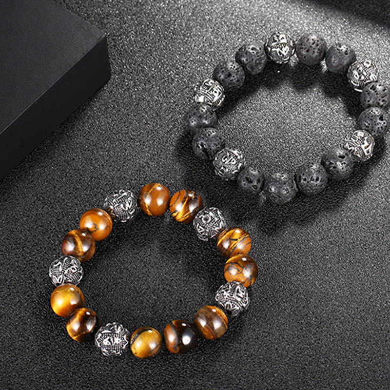 Fortune Jewel Natural Lava Rock Tiger Eye Titanium Steel Six-True-Words Om Mani Padme Hum Healing Bracelet