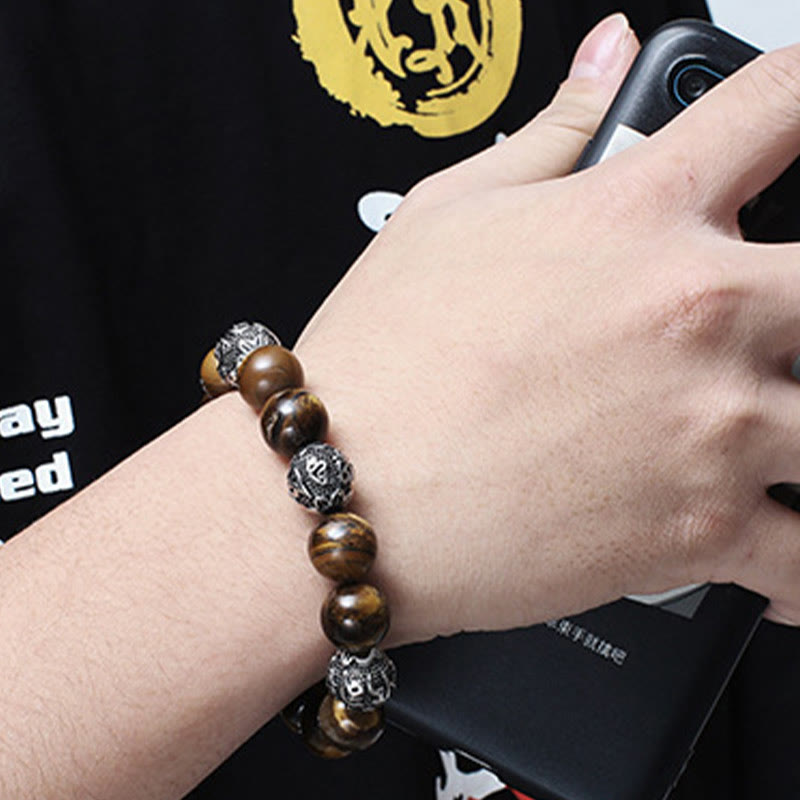 Fortune Jewel Natural Lava Rock Tiger Eye Titanium Steel Six-True-Words Om Mani Padme Hum Healing Bracelet