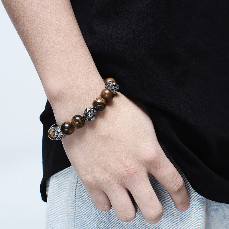 Fortune Jewel Natural Lava Rock Tiger Eye Titanium Steel Six-True-Words Om Mani Padme Hum Healing Bracelet