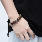 Fortune Jewel Natural Lava Rock Tiger Eye Titanium Steel Six-True-Words Om Mani Padme Hum Healing Bracelet