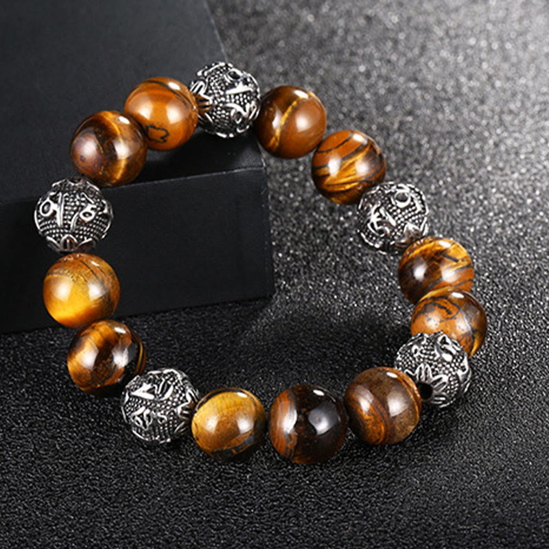 Fortune Jewel Natural Lava Rock Tiger Eye Titanium Steel Six-True-Words Om Mani Padme Hum Healing Bracelet