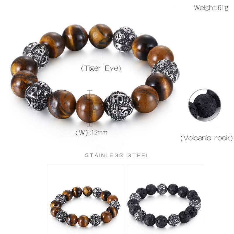 Fortune Jewel Natural Lava Rock Tiger Eye Titanium Steel Six-True-Words Om Mani Padme Hum Healing Bracelet