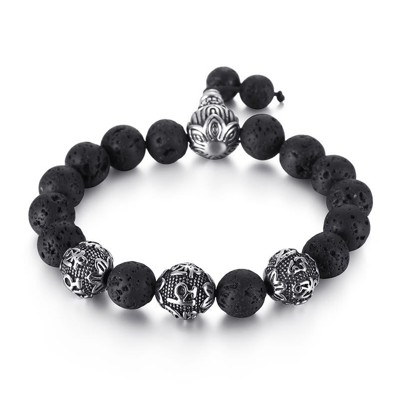 Fortune Jewel Natural Tiger Eye Lava Rock Black Obsidian Titanium Steel Six-True-Words Om Mani Padme Hum Protection Bracelet