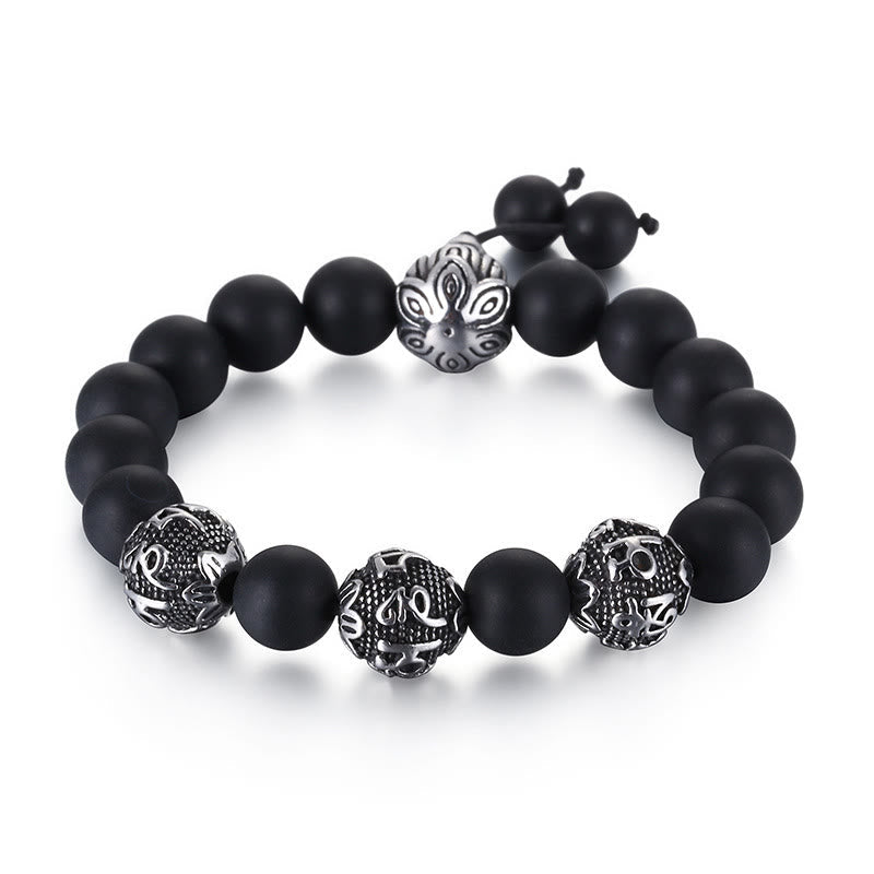 Fortune Jewel Natural Tiger Eye Lava Rock Black Obsidian Titanium Steel Six-True-Words Om Mani Padme Hum Protection Bracelet