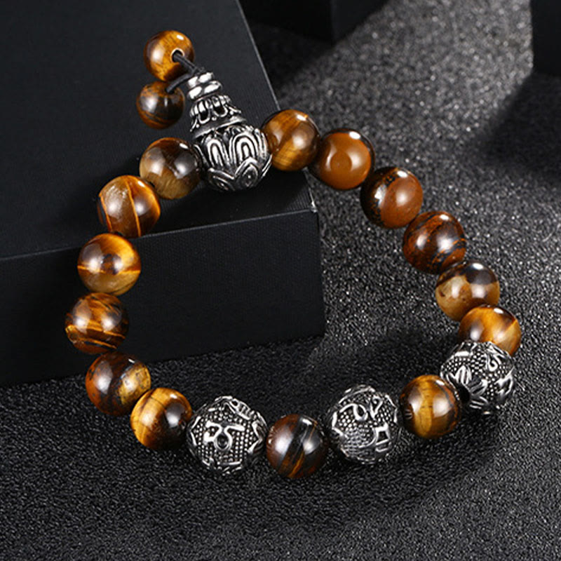 Fortune Jewel Natural Tiger Eye Lava Rock Black Obsidian Titanium Steel Six-True-Words Om Mani Padme Hum Protection Bracelet