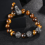 Fortune Jewel Natural Tiger Eye Lava Rock Black Obsidian Titanium Steel Six-True-Words Om Mani Padme Hum Protection Bracelet