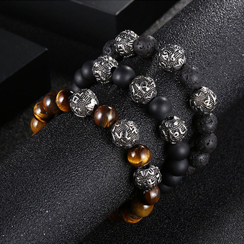 Fortune Jewel Natural Tiger Eye Lava Rock Black Obsidian Titanium Steel Six-True-Words Om Mani Padme Hum Protection Bracelet