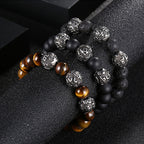 Fortune Jewel Natural Tiger Eye Lava Rock Black Obsidian Titanium Steel Six-True-Words Om Mani Padme Hum Protection Bracelet