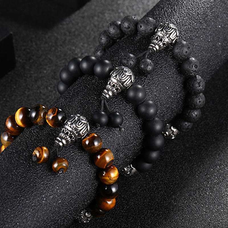 Fortune Jewel Natural Tiger Eye Lava Rock Black Obsidian Titanium Steel Six-True-Words Om Mani Padme Hum Protection Bracelet
