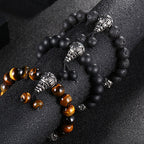 Fortune Jewel Natural Tiger Eye Lava Rock Black Obsidian Titanium Steel Six-True-Words Om Mani Padme Hum Protection Bracelet