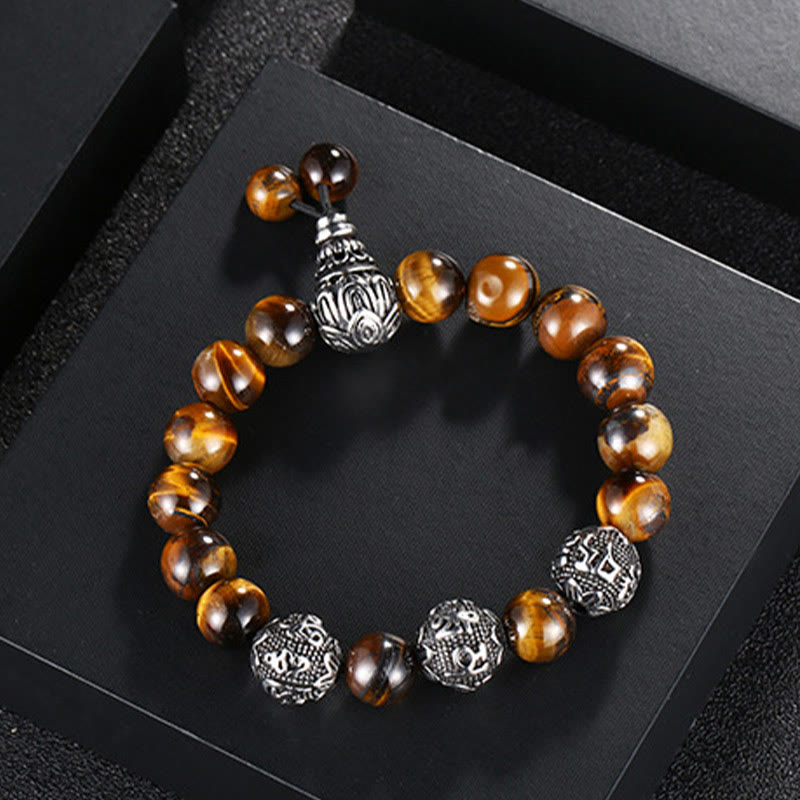 Fortune Jewel Natural Tiger Eye Lava Rock Black Obsidian Titanium Steel Six-True-Words Om Mani Padme Hum Protection Bracelet