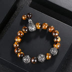 Fortune Jewel Natural Tiger Eye Lava Rock Black Obsidian Titanium Steel Six-True-Words Om Mani Padme Hum Protection Bracelet