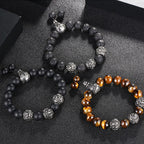 Fortune Jewel Natural Tiger Eye Lava Rock Black Obsidian Titanium Steel Six-True-Words Om Mani Padme Hum Protection Bracelet
