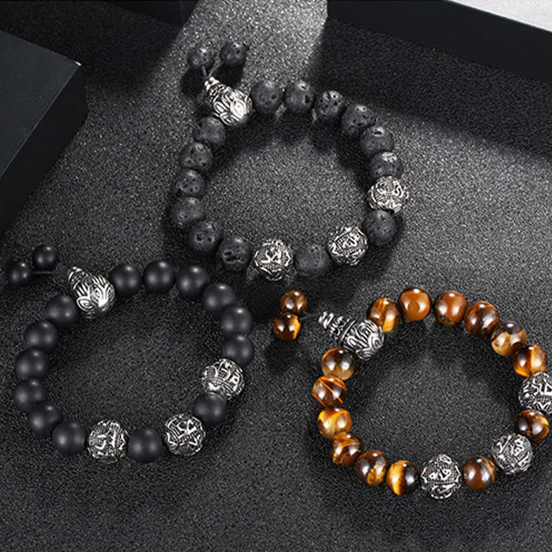 Fortune Jewel Natural Tiger Eye Lava Rock Black Obsidian Titanium Steel Six-True-Words Om Mani Padme Hum Protection Bracelet