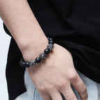 Fortune Jewel Natural Tiger Eye Lava Rock Black Obsidian Titanium Steel Six-True-Words Om Mani Padme Hum Protection Bracelet