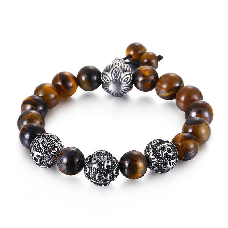 Fortune Jewel Natural Tiger Eye Lava Rock Black Obsidian Titanium Steel Six-True-Words Om Mani Padme Hum Protection Bracelet