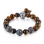 Fortune Jewel Natural Tiger Eye Lava Rock Black Obsidian Titanium Steel Six-True-Words Om Mani Padme Hum Protection Bracelet