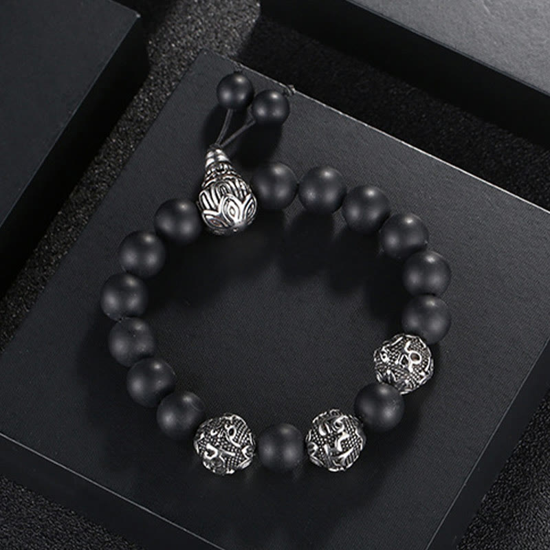 Fortune Jewel Natural Tiger Eye Lava Rock Black Obsidian Titanium Steel Six-True-Words Om Mani Padme Hum Protection Bracelet