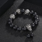 Fortune Jewel Natural Tiger Eye Lava Rock Black Obsidian Titanium Steel Six-True-Words Om Mani Padme Hum Protection Bracelet