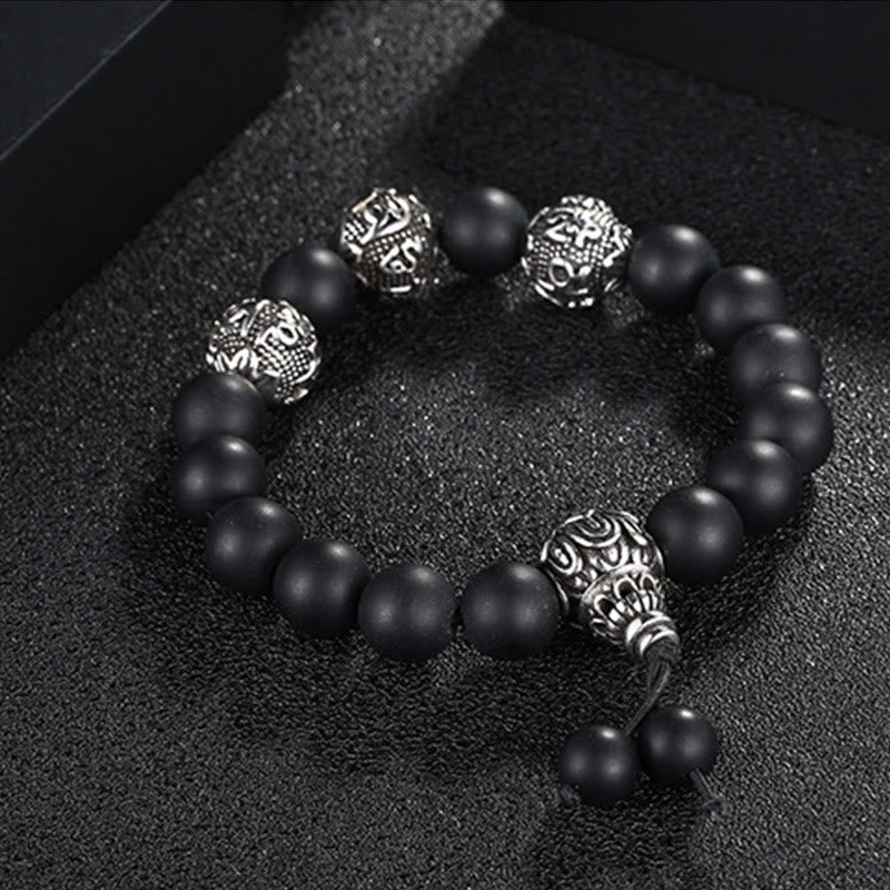 Fortune Jewel Natural Tiger Eye Lava Rock Black Obsidian Titanium Steel Six-True-Words Om Mani Padme Hum Protection Bracelet