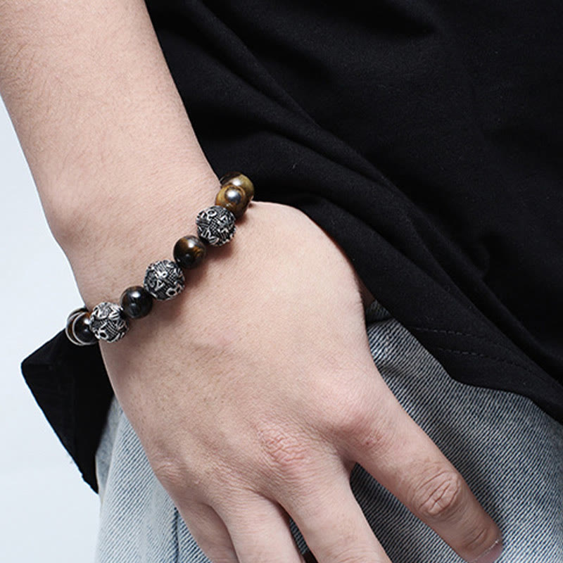 Fortune Jewel Natural Tiger Eye Lava Rock Black Obsidian Titanium Steel Six-True-Words Om Mani Padme Hum Protection Bracelet