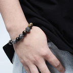 Fortune Jewel Natural Tiger Eye Lava Rock Black Obsidian Titanium Steel Six-True-Words Om Mani Padme Hum Protection Bracelet
