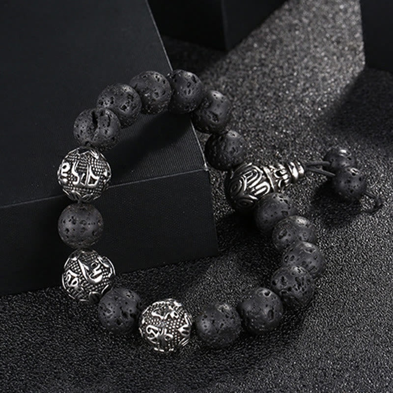 Fortune Jewel Natural Tiger Eye Lava Rock Black Obsidian Titanium Steel Six-True-Words Om Mani Padme Hum Protection Bracelet