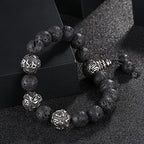 Fortune Jewel Natural Tiger Eye Lava Rock Black Obsidian Titanium Steel Six-True-Words Om Mani Padme Hum Protection Bracelet