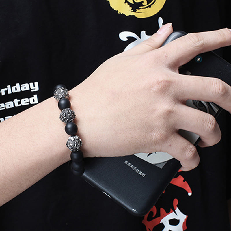 Fortune Jewel Natural Tiger Eye Lava Rock Black Obsidian Titanium Steel Six-True-Words Om Mani Padme Hum Protection Bracelet