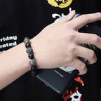 Fortune Jewel Natural Tiger Eye Lava Rock Black Obsidian Titanium Steel Six-True-Words Om Mani Padme Hum Protection Bracelet