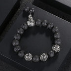 Fortune Jewel Natural Tiger Eye Lava Rock Black Obsidian Titanium Steel Six-True-Words Om Mani Padme Hum Protection Bracelet