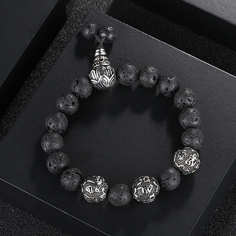 Fortune Jewel Natural Tiger Eye Lava Rock Black Obsidian Titanium Steel Six-True-Words Om Mani Padme Hum Protection Bracelet