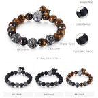 Fortune Jewel Natural Tiger Eye Lava Rock Black Obsidian Titanium Steel Six-True-Words Om Mani Padme Hum Protection Bracelet