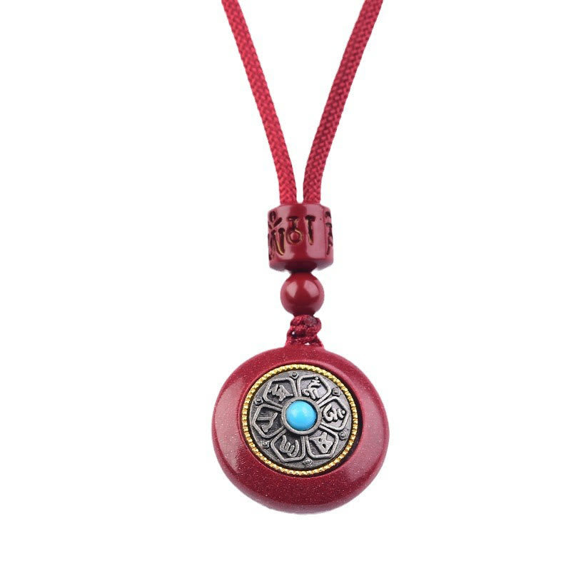 Fortune Jewel Natural Cinnabar Six True Words 'Om Mani Padme Hum' Braided String Blessing Key Chain Necklace Pendant