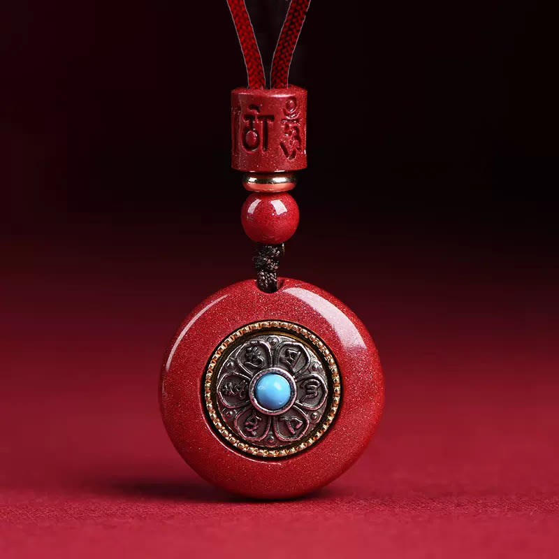 Fortune Jewel Natural Cinnabar Six True Words 'Om Mani Padme Hum' Braided String Blessing Key Chain Necklace Pendant