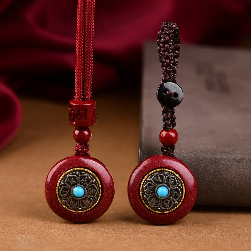 Fortune Jewel Natural Cinnabar Six True Words 'Om Mani Padme Hum' Braided String Blessing Key Chain Necklace Pendant