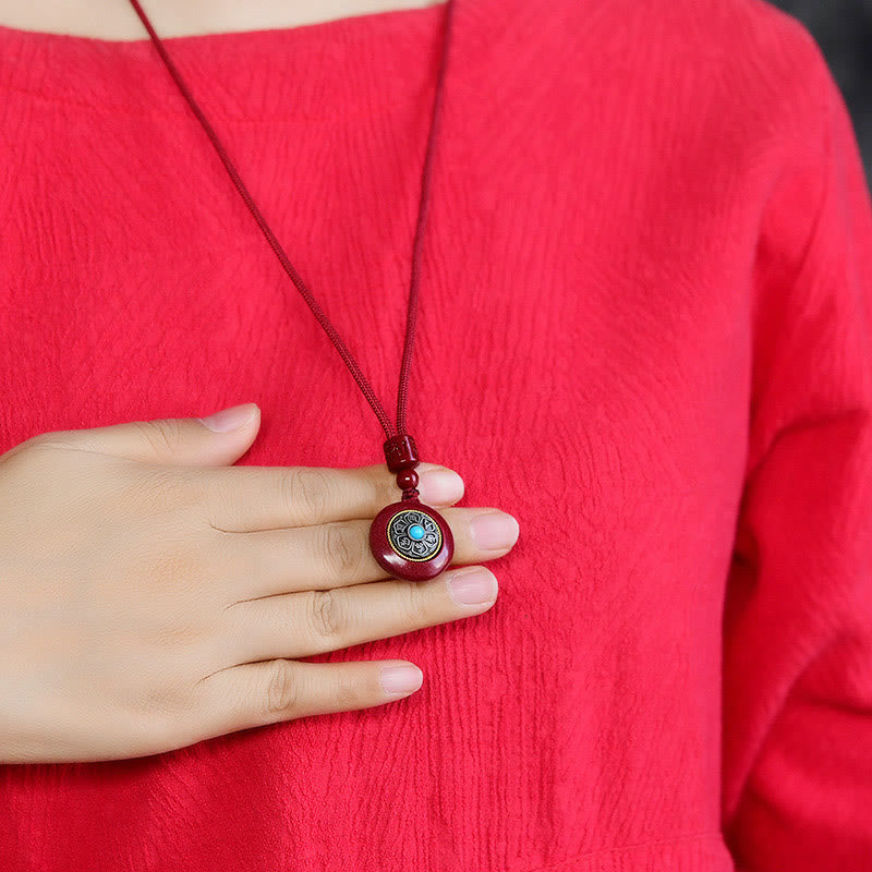 Fortune Jewel Natural Cinnabar Six True Words 'Om Mani Padme Hum' Braided String Blessing Key Chain Necklace Pendant